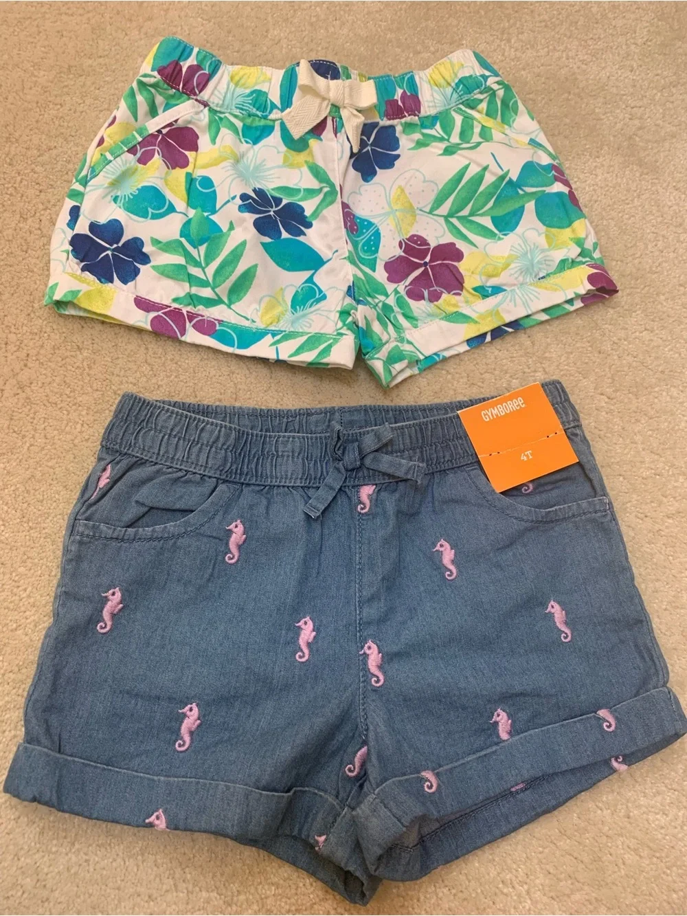 Gymboree Girls Floral White Tropical Shorts & Blue Denim Seahorse Shorts Set